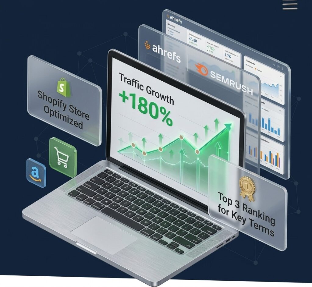 3D isometric mockup of a laptop displaying organic traffic growth chart with floating Shopify and SEO badges