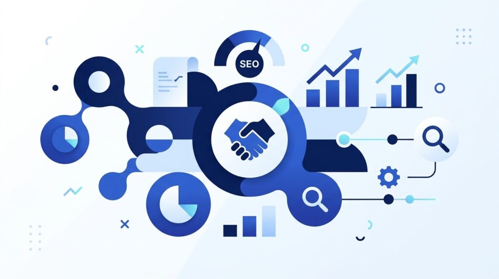 Abstract blue vector illustration featuring connected nodes, growth bar charts, magnifying glass search icons, and a handshake symbol representing SEO collaboration and strategy.